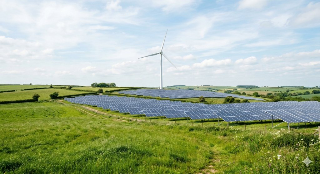 Solar farm and wind turbines landscape