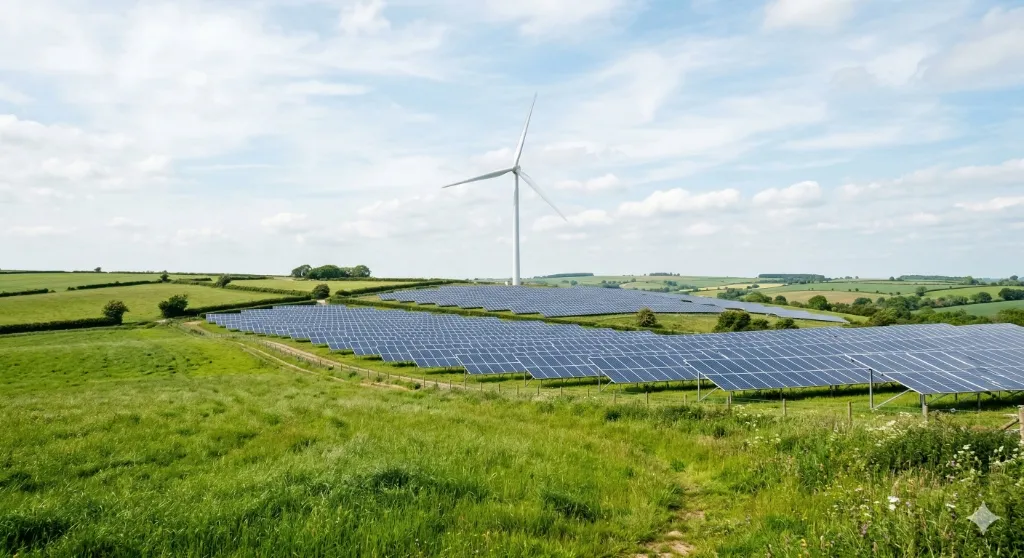 Solar farm and wind turbines landscape